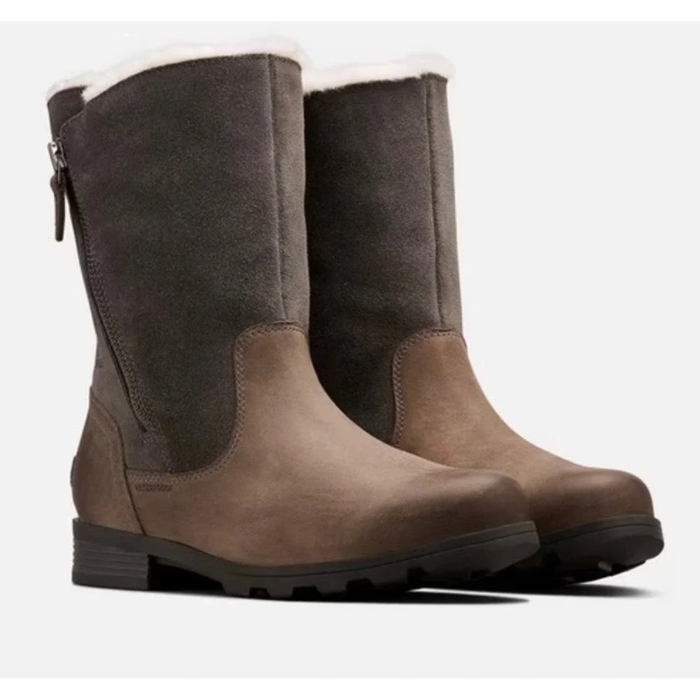 Sorel Phoenix Moto Waterproof Leather Suede Faux Fur Boots Quarry Brown Womens 6